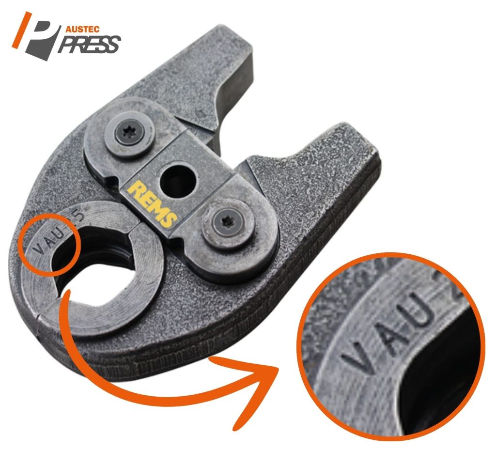 A REMS V profile jaw compatible with Austec's dual water and gas copper press fittings.
